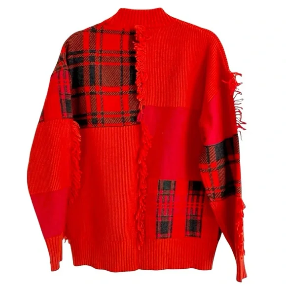VERSACE Red Fringe Patchwork Wool Sweater With Saferty Pin Embellishment Size XS